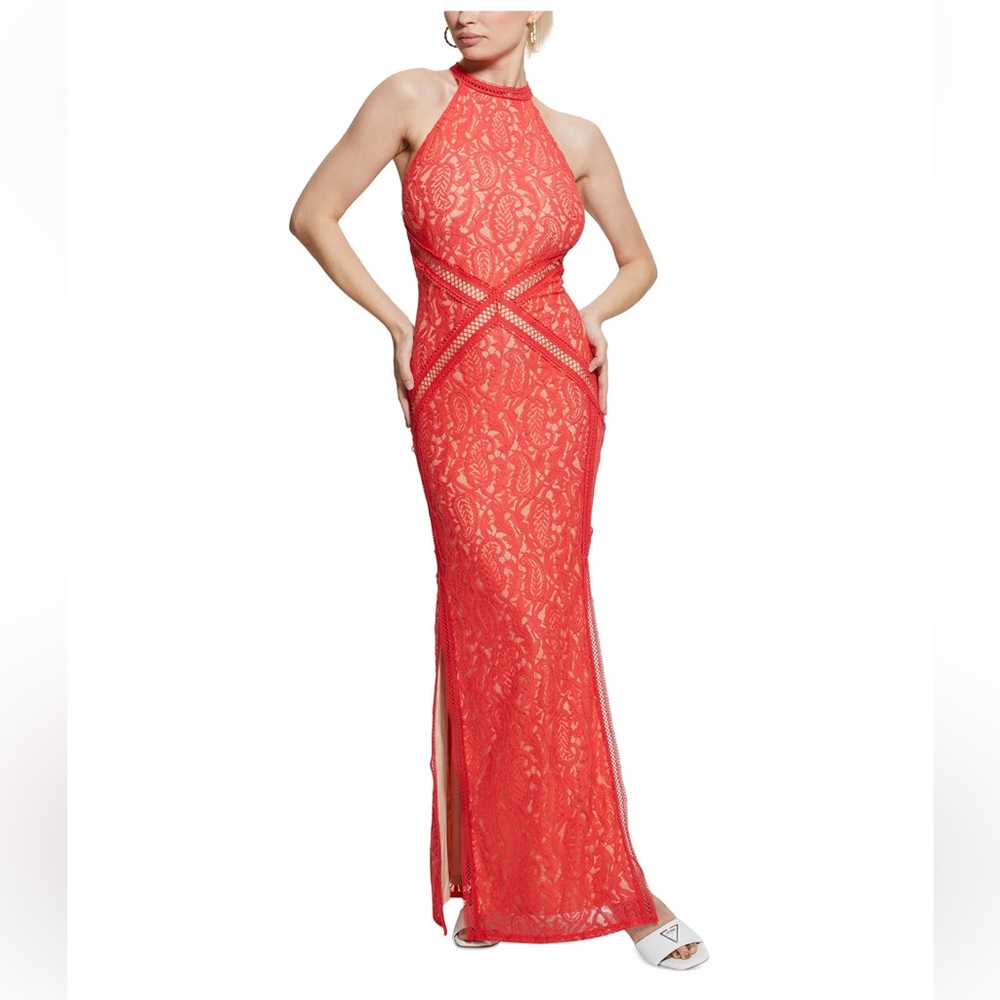 NWT GUESS Women's New Liza Lace Halter Sleeveless Gown, size M